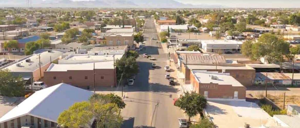 Aerial view of a main street in Willcox, Arizona.